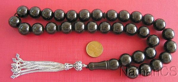 Prayer Beads Tesbih Gebetskette Turkish Large Round Jet Stone ( Oltu) & Sterling Silver