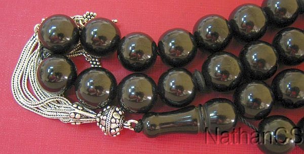 Prayer Beads Tesbih Gebetskette Turkish Large Round Jet Stone ( Oltu) & Sterling Silver