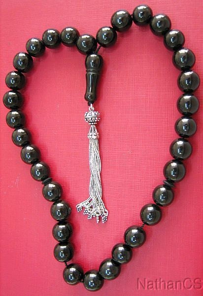 Prayer Beads Tesbih Gebetskette Turkish Large Round Jet Stone ( Oltu) & Sterling Silver