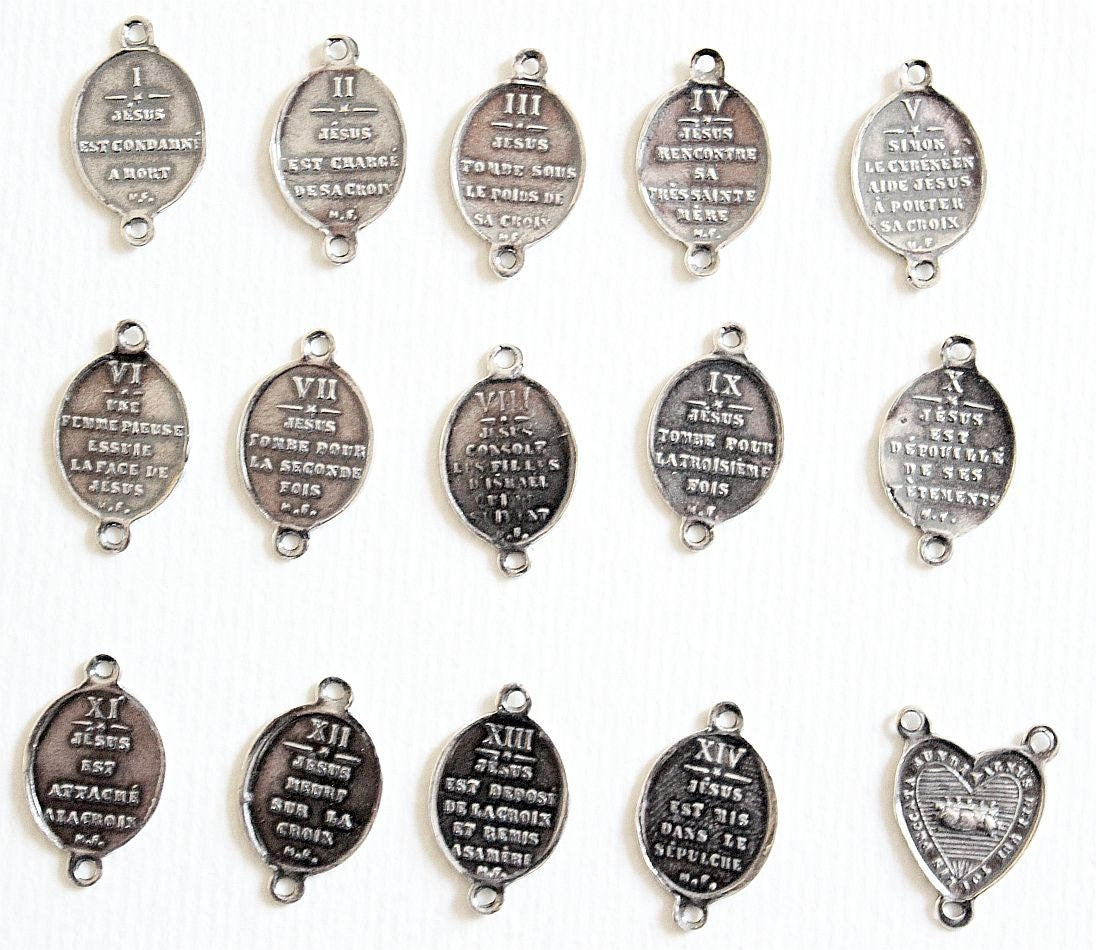 Stations of the Cross Rosary all Vintage Mother Of Pearl w 19th Cent Medals and Art Nouveau Crucifix ALL Sterling Silver Unique