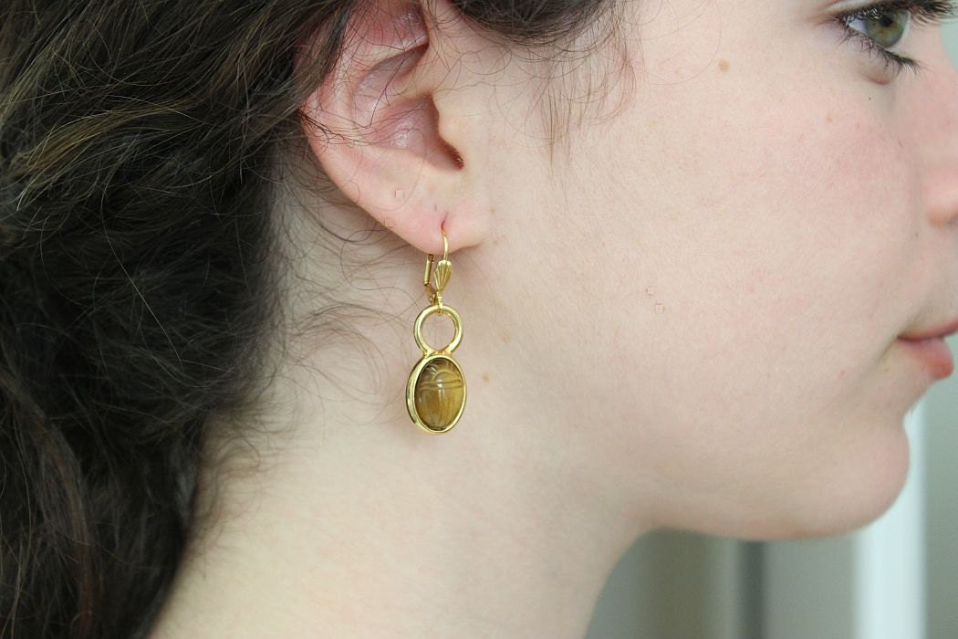 1950 Period VintageTIGER EYE Intaglio Scarab Gold Earrings UNUSUAL