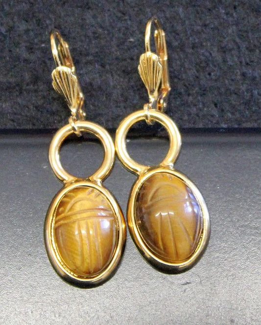 1950 Period VintageTIGER EYE Intaglio Scarab Gold Earrings UNUSUAL