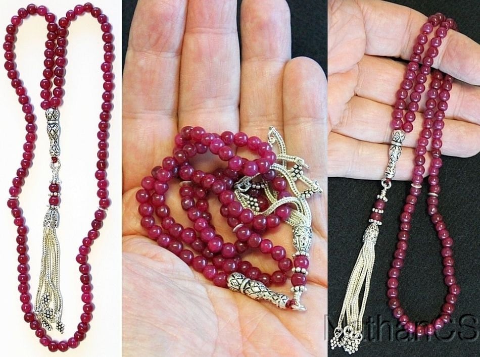 Islamic Prayer Beads Tesbih Gebetskette Genuine Ruby and Sterling -99 Beads