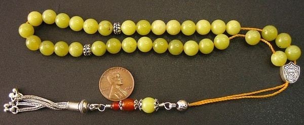Greek Komboloi Olive Jade, Carnelian and Sterling Silver