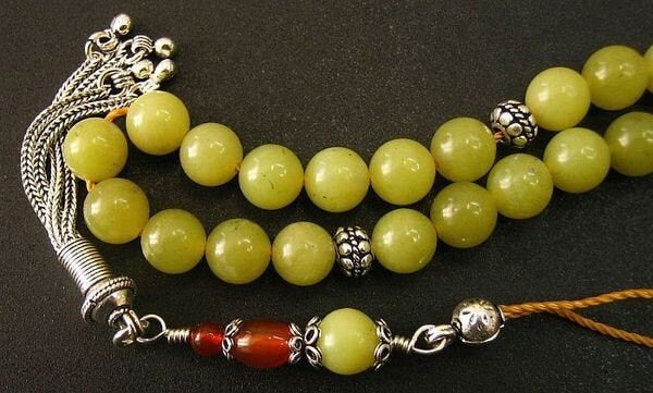 Greek Komboloi0 Olive Jade, Carnelian and Sterling Silver