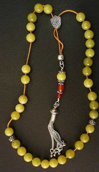 Greek Komboloi Olive Jade, Carnelian and Sterling Silver