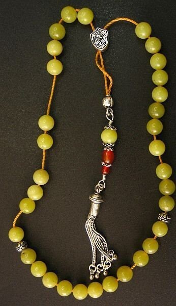 Greek Komboloi Olive Jade, Carnelian and Sterling Silver