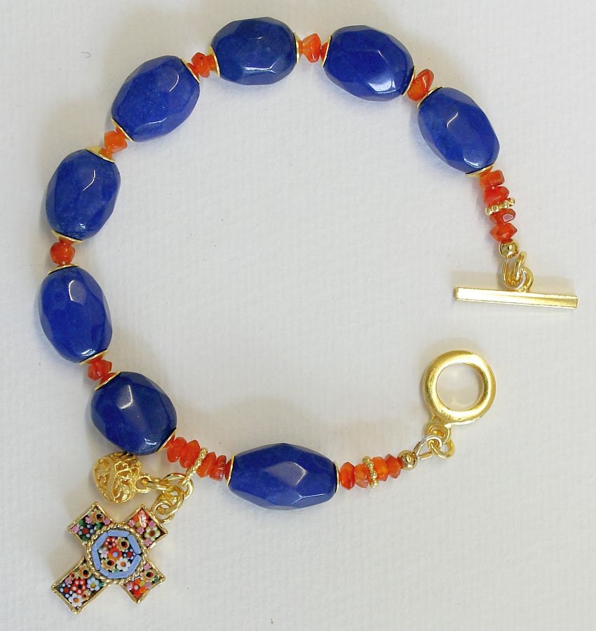 Anglican Rosary Bracelet Faceted Genuine Sapphire & Carnelian, Vermeil, Micromosaic Vintage Cross