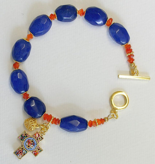 Anglican Rosary Bracelet Faceted Genuine Sapphire & Carnelian, Vermeil, Micromosaic Vintage Cross