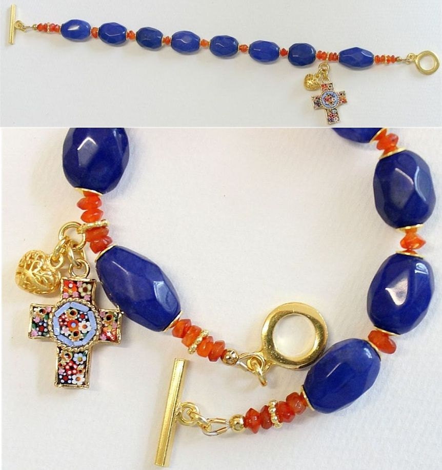 Anglican Rosary Bracelet Faceted Genuine Sapphire & Carnelian, Vermeil, Micromosaic Vintage Cross