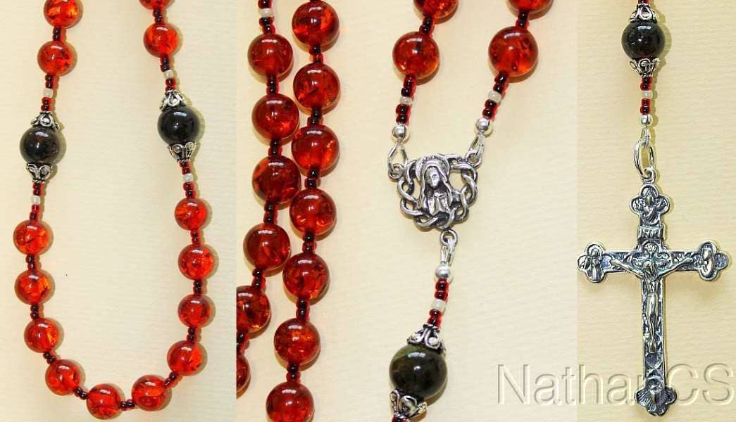 Important Catholic Rosary Prayer Beads Gebestkette Genuine Baltic Cognac Amber & Sterling Silver - Wearable
