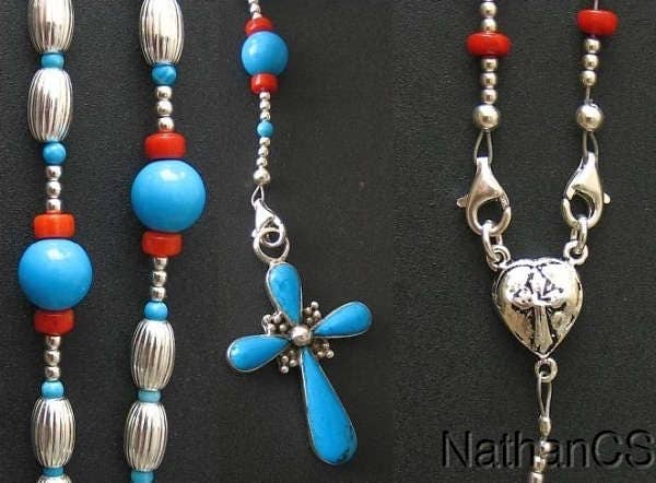 Heavy Sterling Silver, Genuine Coral & Turquoise Wearable Rosary, Pendant and Necklace **SEE**