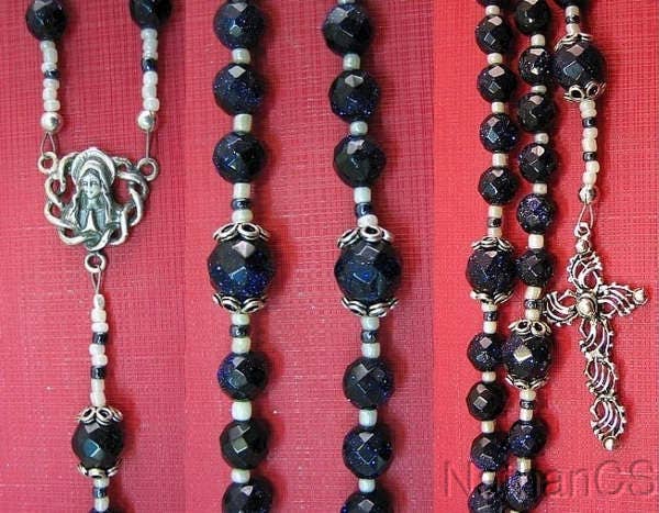 Catholic Rosary Gebetskette Deep Blue Goldstone & Sterling Silver