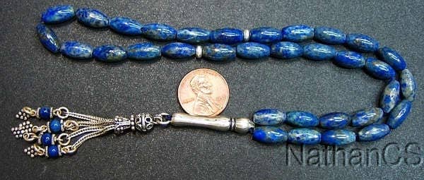 Prayer Beads Tesbih Long Rice Afgan Lapis and Sterling Silver -