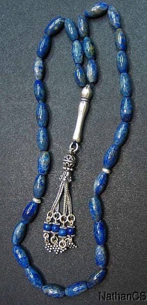 Prayer Beads Tesbih Long Rice Afgan Lapis and Sterling Silver -