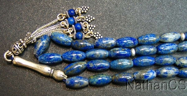 Prayer Beads Tesbih Long Rice Afgan Lapis and Sterling Silver -
