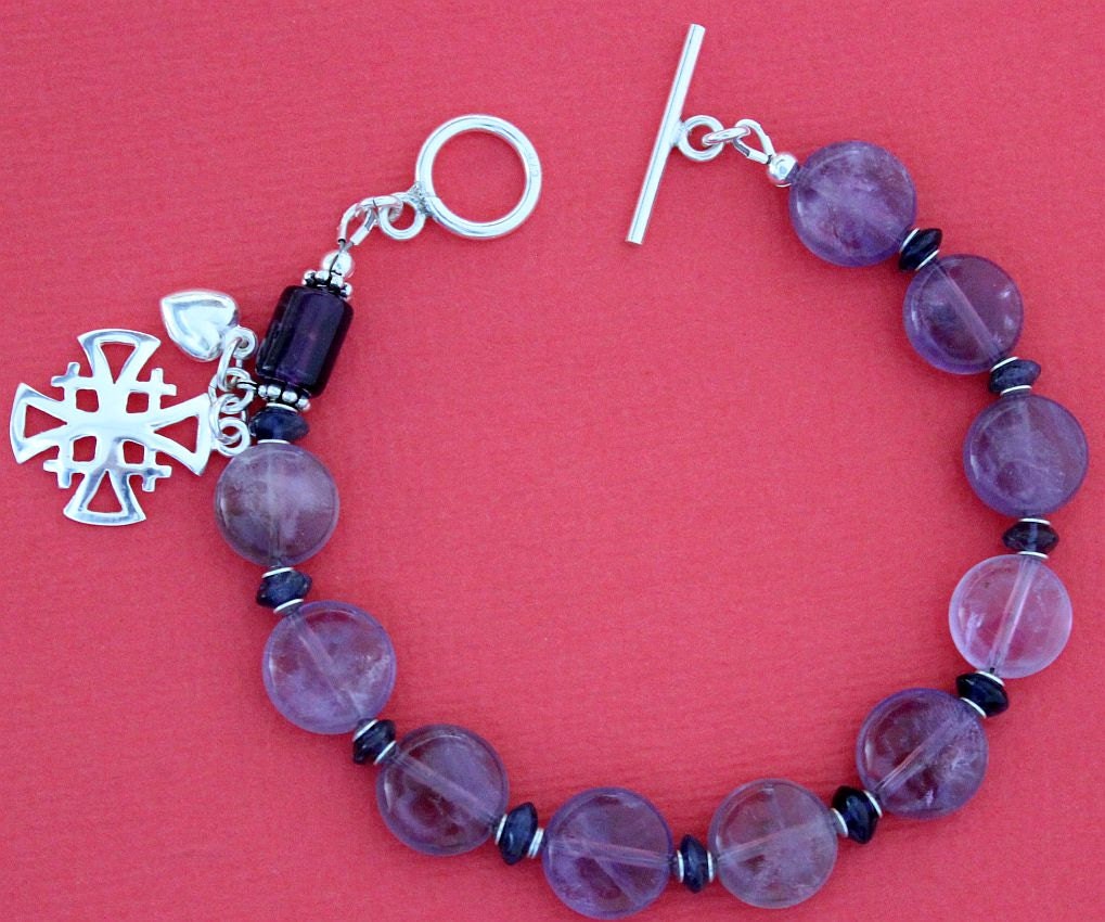 Catholic Rosary Bracelet Coin Amethyst Beads Sapphire & Sterling Silver