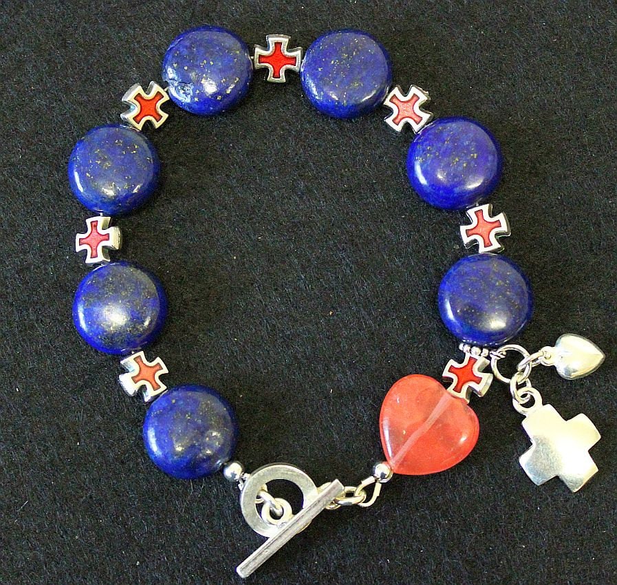 Anglican Episcopal Rosary Bracelet : Lapis , Rose Quartz, Sterling Silver and Enamel