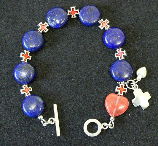 Anglican Episcopal Rosary Bracelet : Lapis , Rose Quartz, Sterling Silver and Enamel