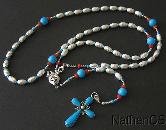 Heavy Sterling Silver, Genuine Coral & Turquoise Wearable Rosary, Pendant and Necklace **SEE**