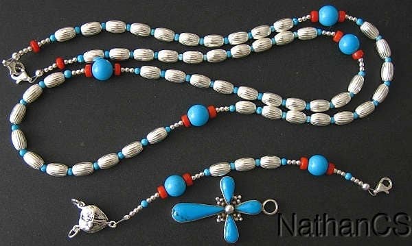 Heavy Sterling Silver, Genuine Coral & Turquoise Wearable Rosary, Pendant and Necklace **SEE**