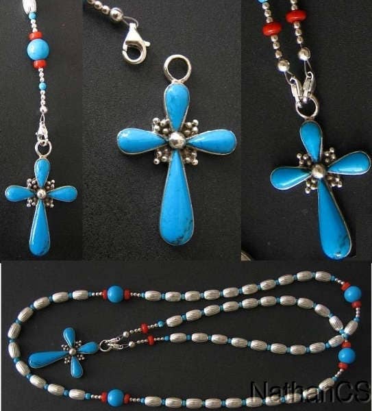 Heavy Sterling Silver, Genuine Coral & Turquoise Wearable Rosary, Pendant and Necklace **SEE**