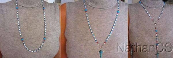 Heavy Sterling Silver, Genuine Coral & Turquoise Wearable Rosary, Pendant and Necklace **SEE**
