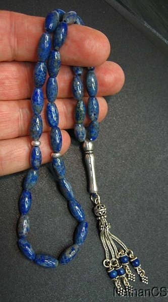 Prayer Beads Tesbih Long Rice Afgan Lapis and Sterling Silver -