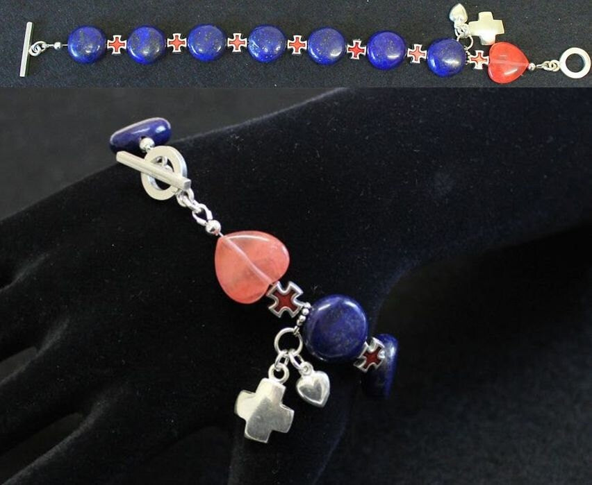 Anglican Episcopal Rosary Bracelet : Lapis , Rose Quartz, Sterling Silver and Enamel