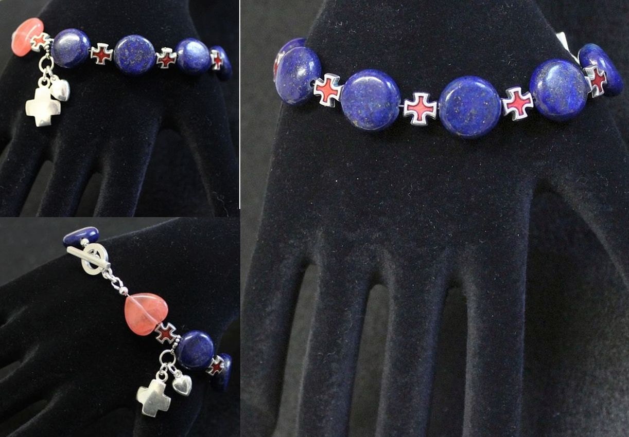 Anglican Episcopal Rosary Bracelet : Lapis , Rose Quartz, Sterling Silver and Enamel