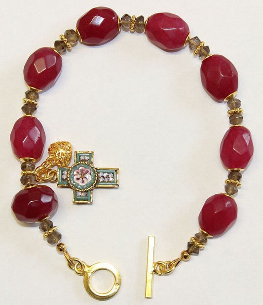 Anglican Rosary Bracelet Faceted Genuine Ruby Beads, Smoky Quartz, Micromosaic Cross & Vermeil