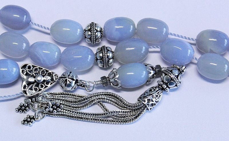 Greek Komboloi Barrel Aquamarine & heavy Sterling Silver - Rare, collectible