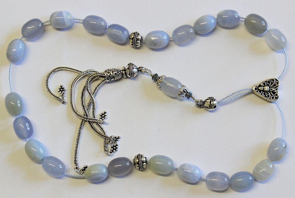 Greek Komboloi Barrel Aquamarine & heavy Sterling Silver - Rare, collectible