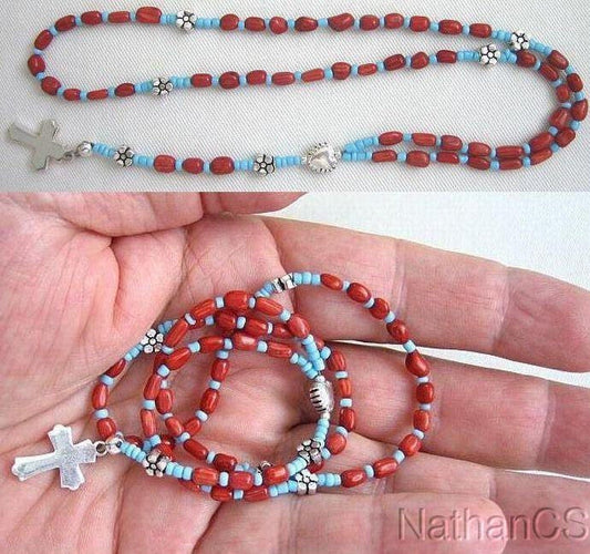 Mini Catholic Rosary Red Coral, Turquoise & Sterling Silver