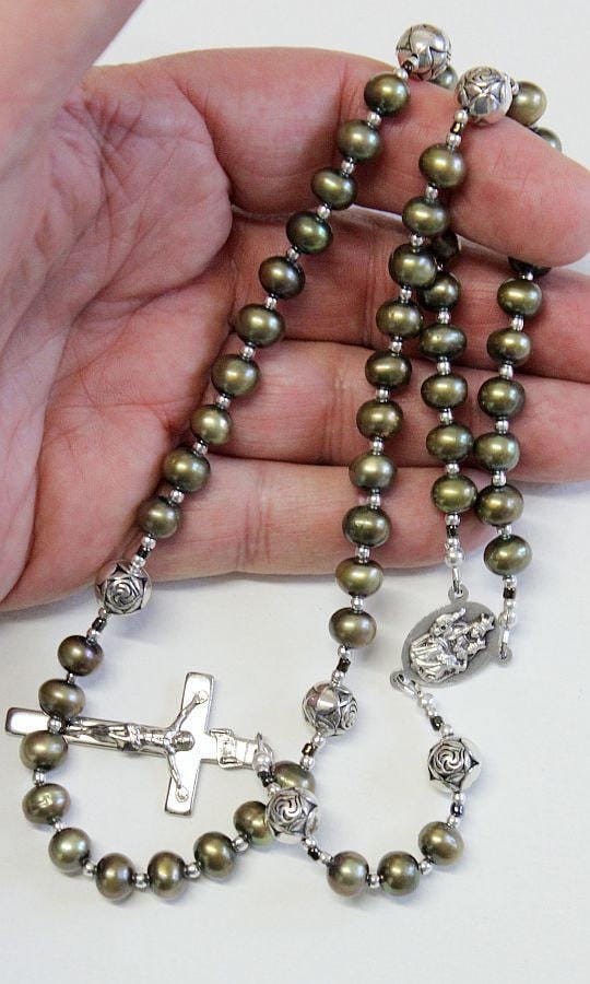 Catholic Rosay Prayer Beads Golden Teal Fresh Water Pearls