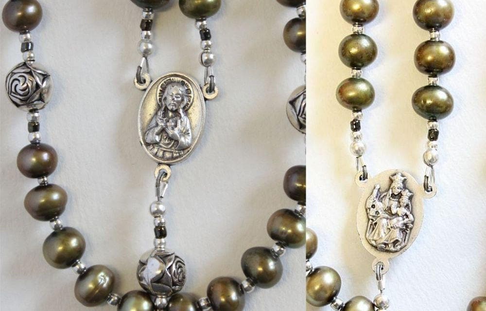 Catholic Rosay Prayer Beads Golden Teal Fresh Water Pearls