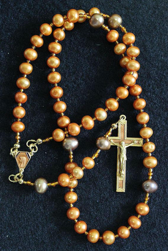 Catholic Rosay Prayer Beads Golden Copper Fresh Water Pearls