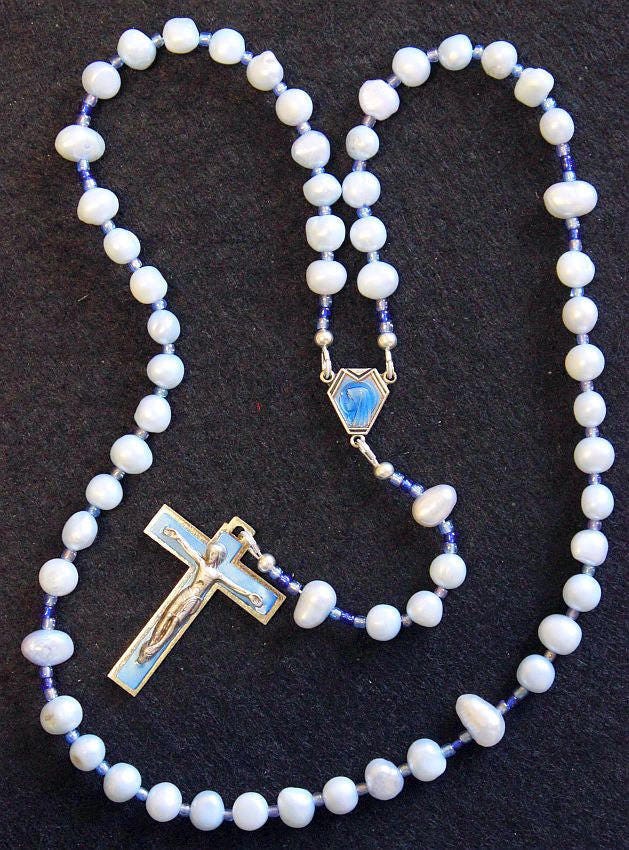 Catholic Rosay Prayer Beads Sky Blue Fresh Water Pearls
