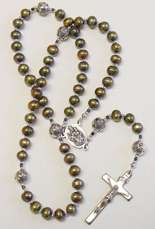 Catholic Rosay Prayer Beads Golden Teal Fresh Water Pearls