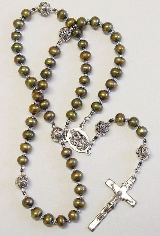 Catholic Rosay Prayer Beads Golden Teal Fresh Water Pearls