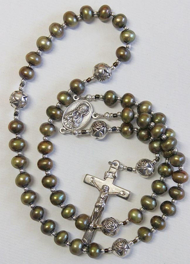 Catholic Rosay Prayer Beads Golden Teal Fresh Water Pearls