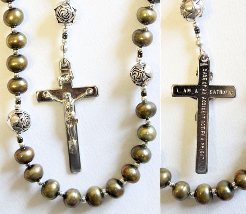 Catholic Rosay Prayer Beads Golden Teal Fresh Water Pearls