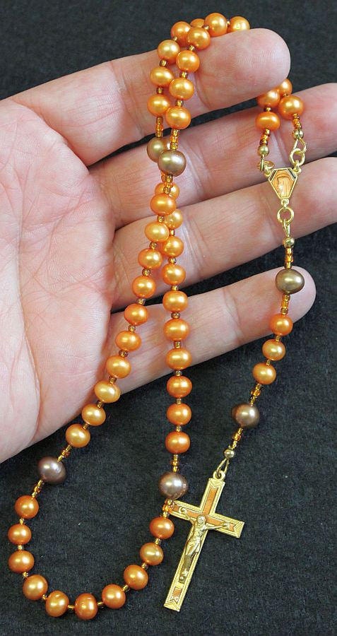 Catholic Rosay Prayer Beads Golden Copper Fresh Water Pearls