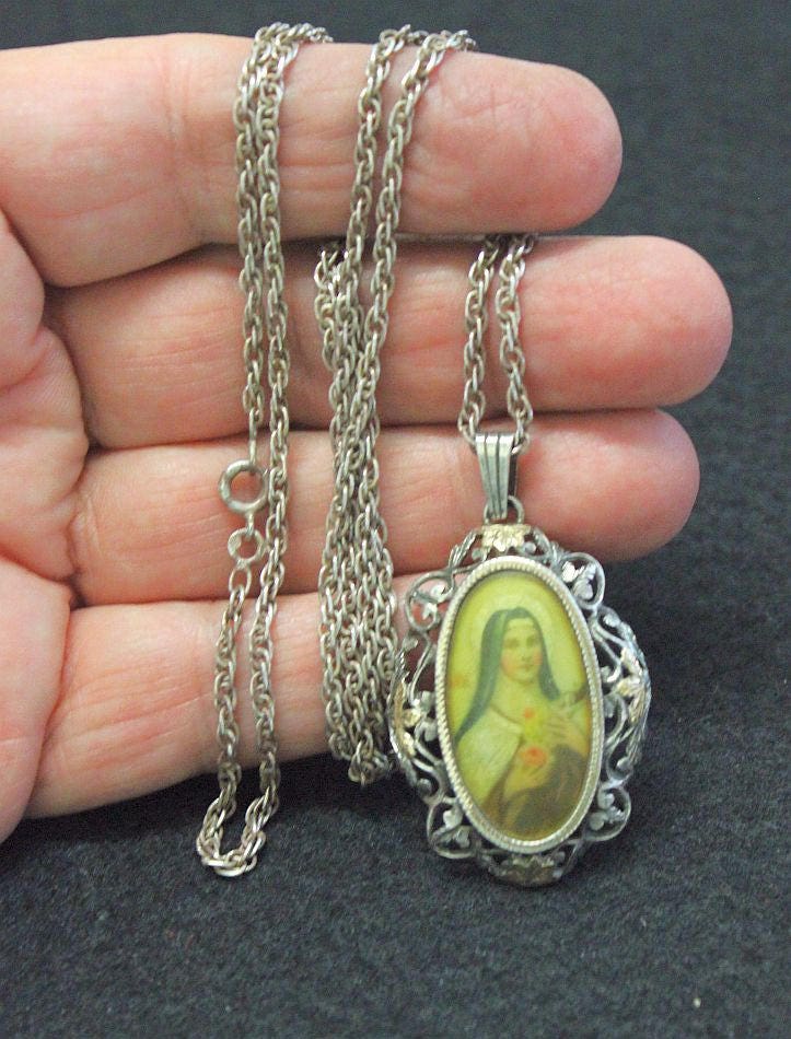 XIXth Century St. Therese Medal Pendant: Hand Painted Miniature, Sterling Chain