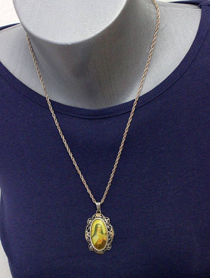 XIXth Century Gold and Sterling Medal Pendant of Hand Painted Miniature of St. Therese with Sterling Chain - EXCEPTIONAL