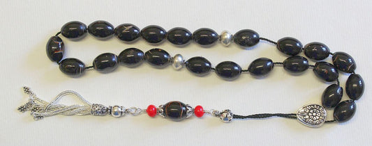 Greek Komboloi Worry Beads Black and Red Coral with Sterling Silver