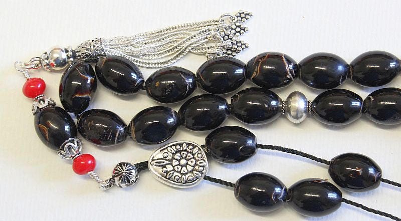 Greek Komboloi Worry Beads Black and Red Coral with Sterling Silver