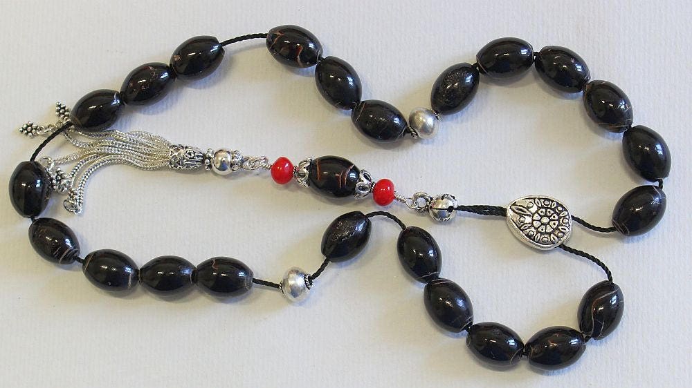 Greek Komboloi Worry Beads Black and Red Coral with Sterling Silver