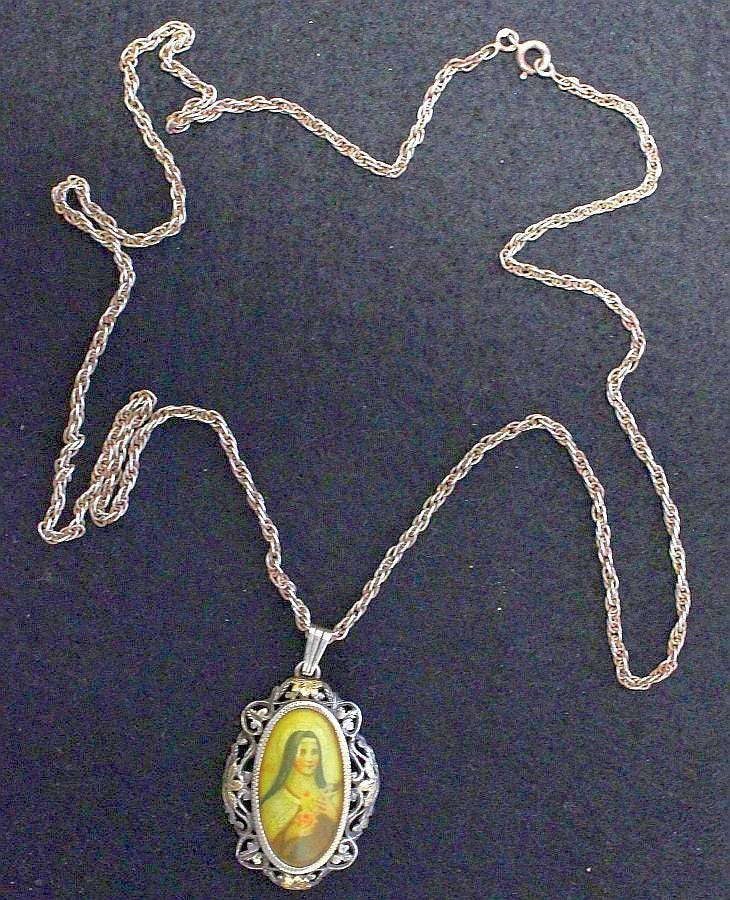 XIXth Century St. Therese Medal Pendant: Hand Painted Miniature, Sterling Chain