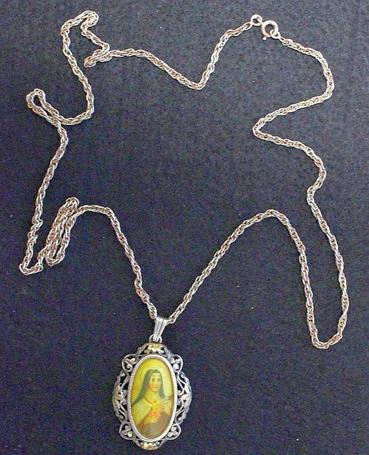 XIXth Century St. Therese Medal Pendant: Hand Painted Miniature, Sterling Chain